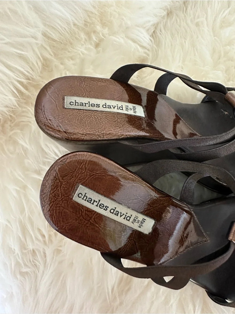 Charles David Italian Dark Brown T-Strap Platform Wedge Sandals